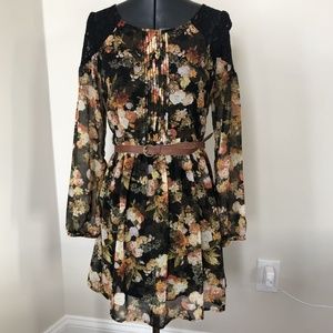 Autumn Floral Flowy Chiffon Dress Lace Shoulders